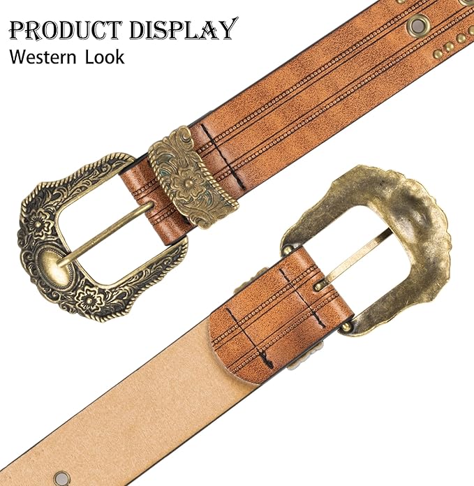 Mealah Vintage Western-Cowboy-Belt for Women Men - Carved Buckle PU Leather Waist Belts (for Waist 28"-38")