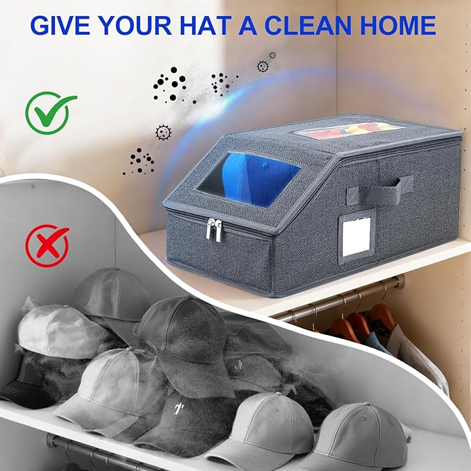 Hat Organizer for Baseball Caps,2PCS Stackable Hat Storage Box with Clear Window Lid, Space-Saving Box for Closet