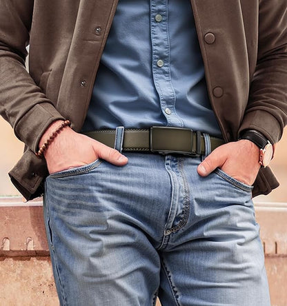 KEMISANT Men Belt Ratchet Click Belt Genuine Leather Adjustable For Men Golf Dress Casual Jeans 1 3/8-Cut For Fit