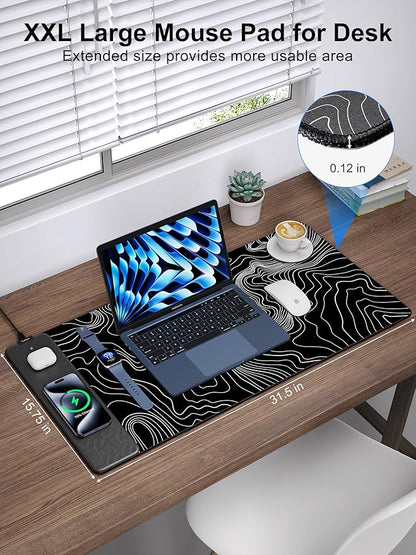 TopMade Mouse Pad with 15W Fast Wireless Charging, 31.5"x15.75" XXL Large Gaming Waterproof Desk Pad with Ultra-Smooth Surface, Non-Slip Base, Computer Desk Mat, Black Topographic Map #2