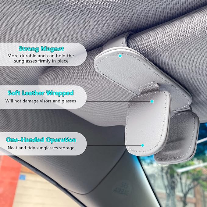 Visonx 2 Pack Car Visor Sunglass Holder, Magnetic Leather Eyeglass Clip Hanger, Square Car Visor Glasses Holder Accessories (Grey)