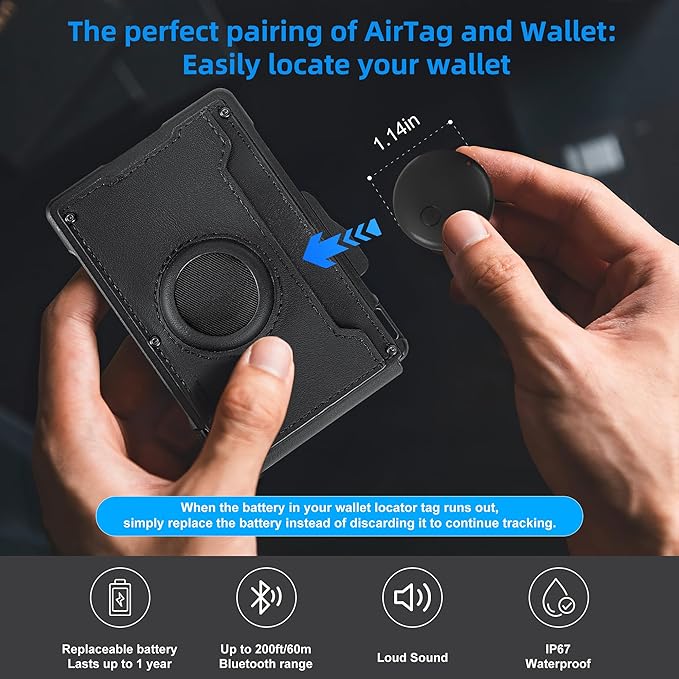 umoven Wallet for Men with AirTag(iOS Only), Mens Metal Wallet Minimalist with Money Clip & ID Window, Slim Leather Slots RFID Blocking Bifold Wallet,Smart Pop Up Credit Card Holder Wallet (Black)