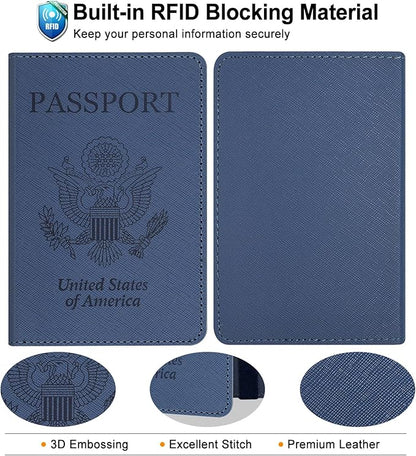RSAquar Passport Holder for Women and Men, Premium PU Leather Travel Passport Wallet RFID Blocking Passport Cover Travel Documents Organizer (JD-Blue)
