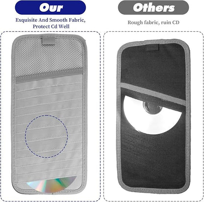 CD Visor Holder for Car, DVD Vehicle Visor Storage Organizer Gray Large Capacity CD Case with 12 Storage Sleeves, 1 Mesh Pocket, 1 Pen Loop & Elastic Strap
