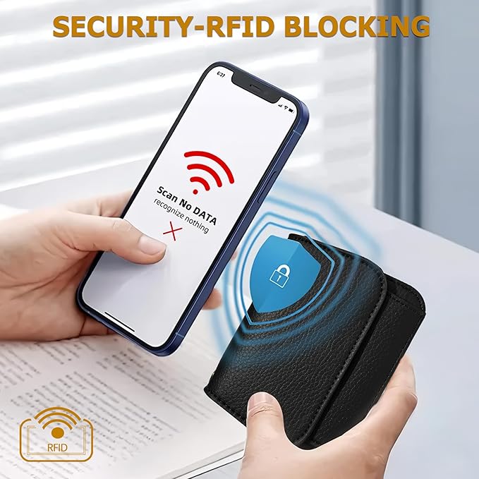 Women Small Wallet RFID Blocking Slim Wallet with Coin Pocket Tri-Fold Credit Card Holder with ID Window and Keychain (Black)