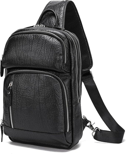 LANNSYNE Full Grain Leather Sling Bag For Men, Crossbody Bag fits 12.9" iPad Crossbody Chest Daypack