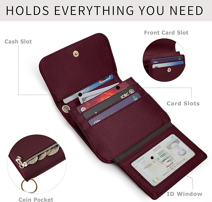 Women Small Wallet RFID Blocking Slim Wallet with Coin Pocket Tri-Fold Credit Card Holder with ID Window and Keychain (Burgundy)