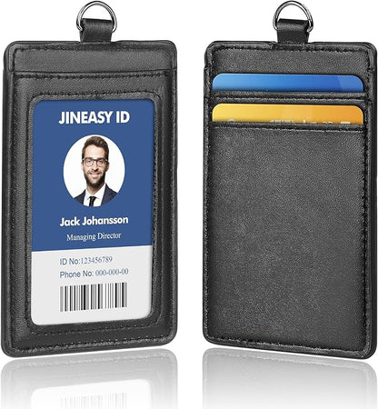 JINEASY ID Black Lanyard with ID Holder, Leather Badge Holder with Lanyard for Work Key Cards