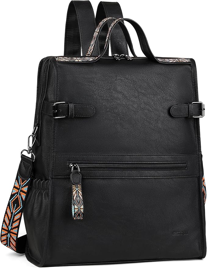 FADEON Leather Laptop Backpack for Women, Designer Ladies Work Travel Computer Backpack with Laptop Compartment Purse Black