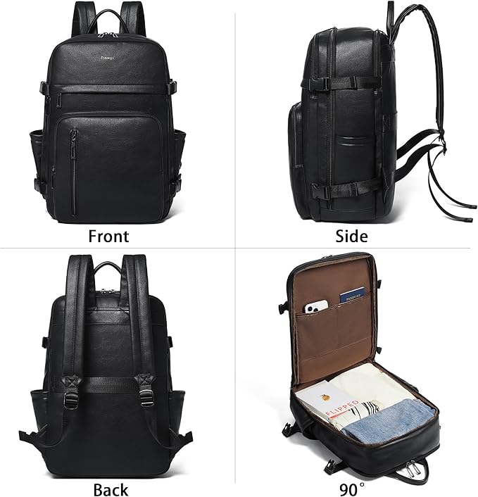 Travel Backpack for Women and Men, Fits 17.0" Laptop, Stylish Lay-Flat Carry-on Vegan Leather Backpack with Luggage Strap for Travel and Daily Use