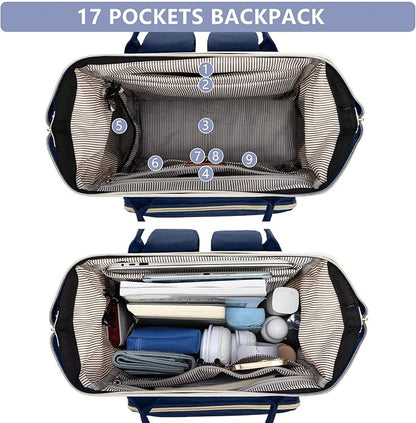Focdod Laptop Backpack for Womem Work Bags: 17.3 Inch Travel BackPacks With USB Charging Port Anti Theft Fashion College BookBag Durable Back Pack Purse Bussiness Daypack for Nurse Teacher Navy Beige