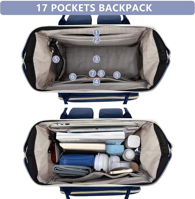 Focdod Laptop Backpack for Womem Work Bags: 15.6 Inch Travel BackPacks Durable Back Pack With USB Charging Port Anti Theft Fashion College BookBag Purse Bussiness Daypack for Nurse Teacher Navy Beige