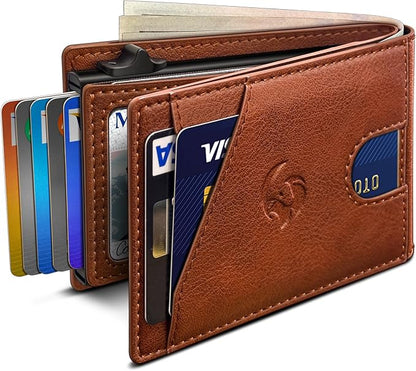 Wallet for Men, Slim Pop Up Card Holder with RFID Blocking, Minimalist Bifold Wallet with 9 Card Slots, ID Window and Cash Pocket, Metal Flip Case with Magnetic Closure, Gift Box