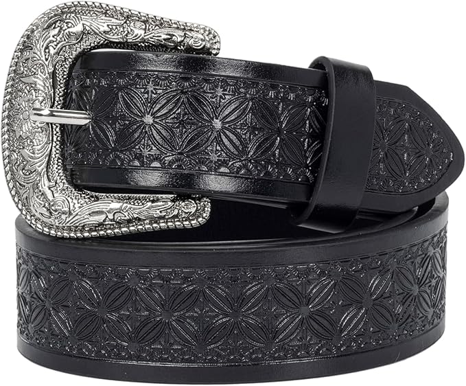 Utaly Men's Casual Leather-Belt, Western-Belt for Women Vintage Carved-Buckle Cowboy-Waist-Belts for Jeans Waist 28"-39"
