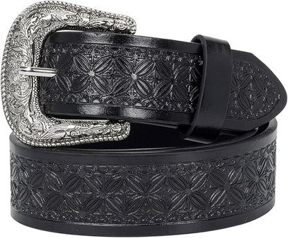 Utaly Men's Casual Leather-Belt, Western-Belt for Women Vintage Carved-Buckle Cowboy-Waist-Belts for Jeans Waist 28"-39"