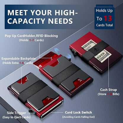 SEMORID Slim Aluminum Card Holder Wallet for Men, Durable Expandable Backplate, RFID Blocking Minimalist Metal Pop Up Wallet, Holds 12+ Cards Plus Cash