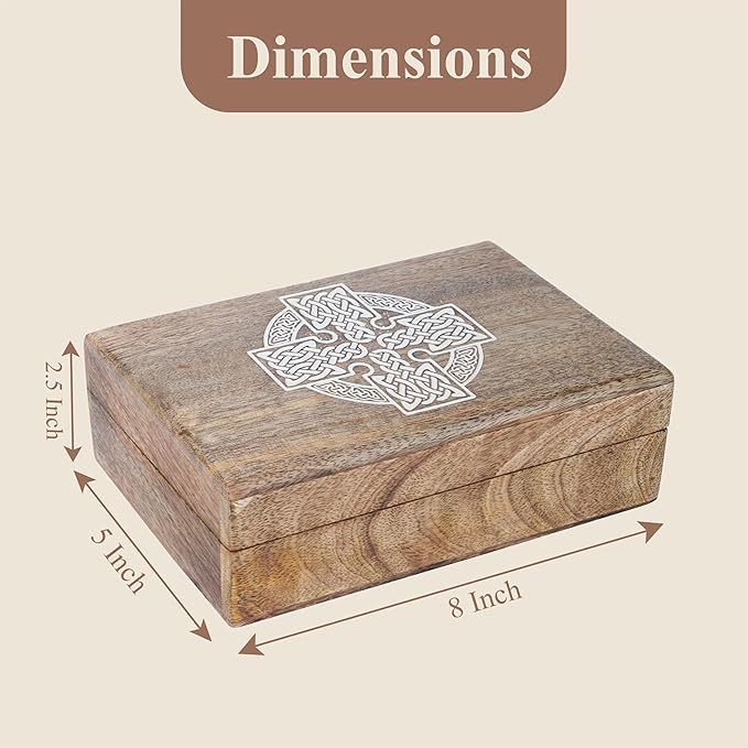 Ajuny Handmade Decorative Wooden Jewelry Box Celtic Cross Design Multipurpose Treasure Chest Storage Organizer Trinket keepsake Necklaces Watch Boxes, Great Gifts - 8x5 Inch