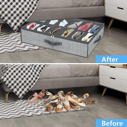 homyfort Under Bed Shoe Storage Organizer for Closet Fits 24 Pairs-Sturdy Underbed Shoe Containers Boxes Organizador De Zapatos with Clear Cover,Set of 2, 29.3 x 23.6 x 5.9inch(Herringbone Grey)