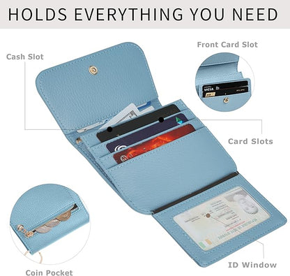 Women Small Wallet RFID Blocking Slim Wallet with Coin Pocket Tri-Fold Credit Card Holder with ID Window and Keychain (Blue)