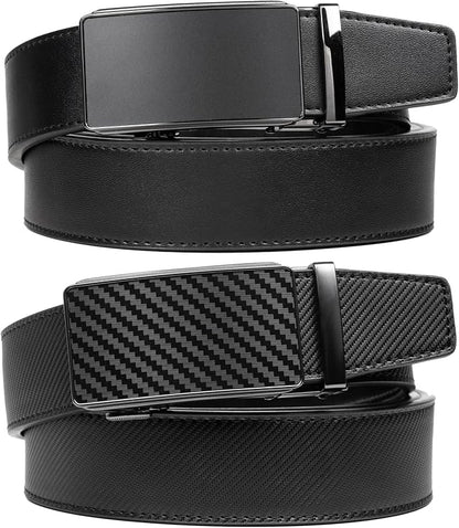 2 Pack Ratchet Belt 1 3/8", Mens leather Dress Belt in Gift Set Size 28"-62" Adjustable waist Trim to Fit