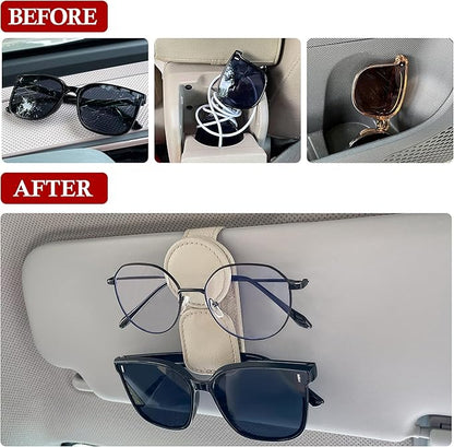 KIWEN 2 Pack Sunglasses Holder for Car Visor, Magnetic Leather Sunglass Eyeglass Hanger Clip for Car Sun Visor Accessories (2, Beige)