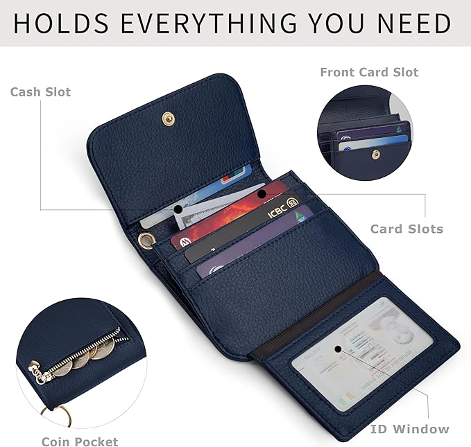 Women Small Wallet RFID Blocking Slim Wallet with Coin Pocket Tri-Fold Credit Card Holder with ID Window and Keychain(Navy Blue)