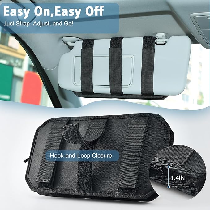 Upgraded Molle Car Sun Visor Organizer, Semi-Rigid MOLLE Panel No Sagging with Zipper Storage Pouch & Glasses Clip, Heavy Duty Tactical Gear for Trucks SUVs Cars - Universal Fit
