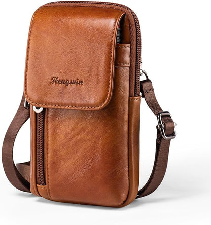 Hengwin Genuine Leather Crossbody Bag for Men/Women, Small Messenger Bag Cell Phone Purse Shoulder Holster Passport Pouch