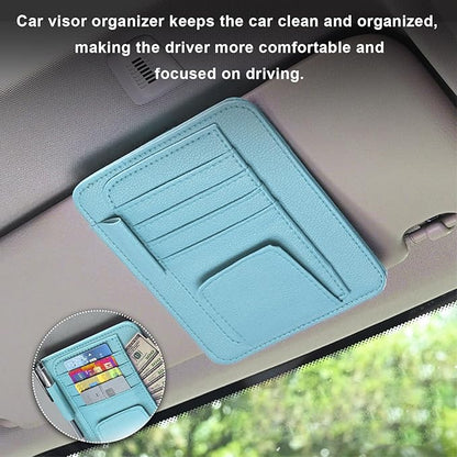 Dickno Small Leather Car Sun Visor Organizer, Multifunctional Auto Visor Document Holder with Sunglasses Clip, Universal Car Interior Organizer for Drving License, Card, Pen (Blue)