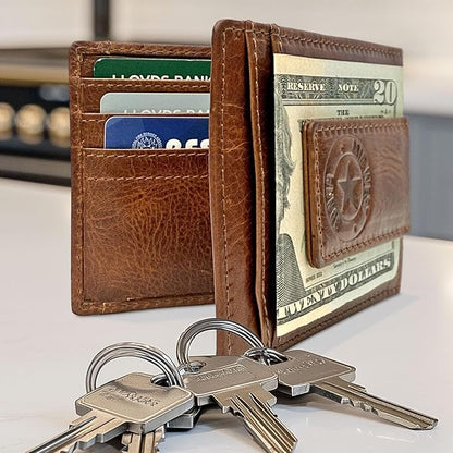 MID WEST RANGE Bifold Money Clip Wallet for Men – Slim Front Pocket Leather Wallet with Metal Clip, Patriotic USA Flag Design, IN GOD WE TRUST, Compact Everyday Carry