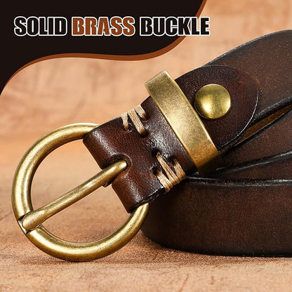 SANSTHS Womens Genuine Leather Belts for Jeans Pants Trendy Vintage Thin Leather Belt Gold Buckle Ladies Skinny Waist Belt