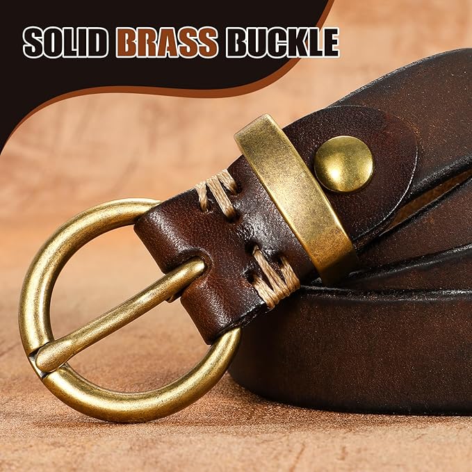 SANSTHS Womens Genuine Leather Belts for Jeans Pants Trendy Vintage Thin Leather Belt Gold Buckle Ladies Skinny Waist Belt