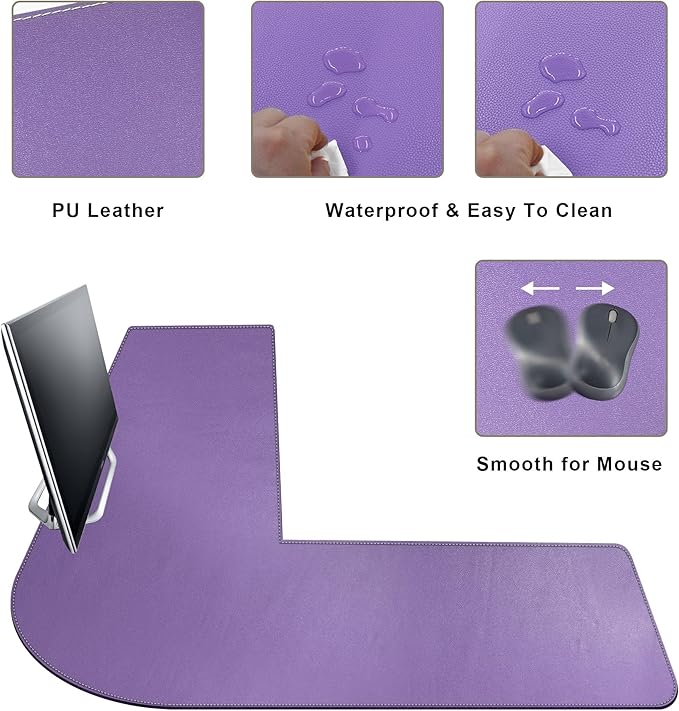 Mydours L-Shape Desk Mat, 46" x 46" x 16" Extra Large PU Leather Desk Pad Blotter, XXL Large Waterproof Gaming Mouse Pad, Desktop Protector for Computer Keyboard Home Office (Purple)