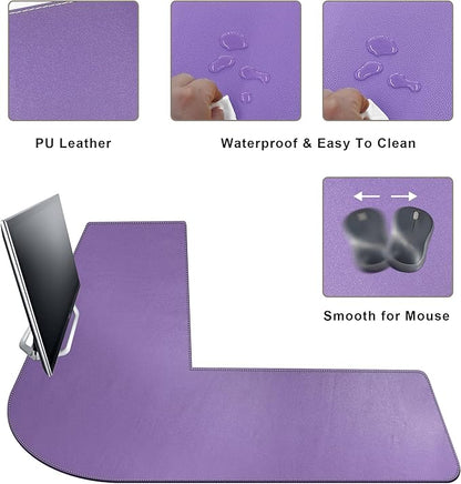 Mydours L-Shape Desk Mat, 46" x 46" x 16" Extra Large PU Leather Desk Pad Blotter, XXL Large Waterproof Gaming Mouse Pad, Desktop Protector for Computer Keyboard Home Office (Purple)
