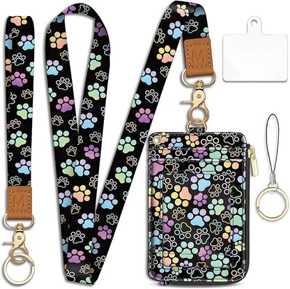 Piefly Cute Dog Paw Lanyard Wallet with ID Badge Holder, Small RFID Wallet Women Keychain Wristlet, Slim Credit Card Holder with Zipper Pocket Phone Lanyard Wrist Strap Name Tag Office Teacher Gift