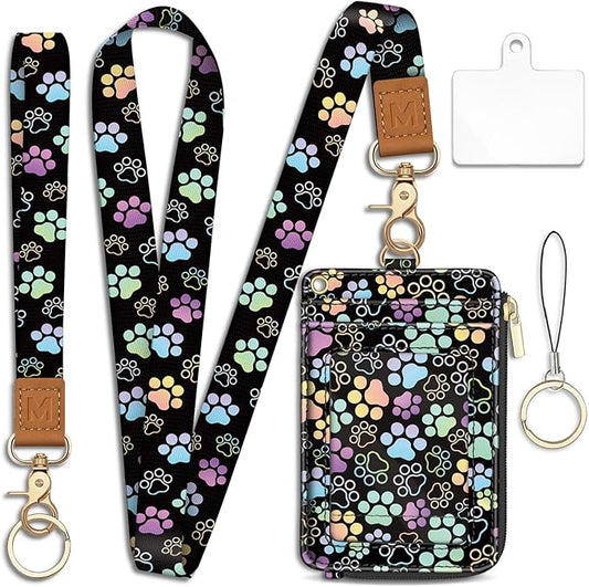 Piefly Cute Dog Paw Lanyard Wallet with ID Badge Holder, Small RFID Wallet Women Keychain Wristlet, Slim Credit Card Holder with Zipper Pocket Phone Lanyard Wrist Strap Name Tag Office Teacher Gift