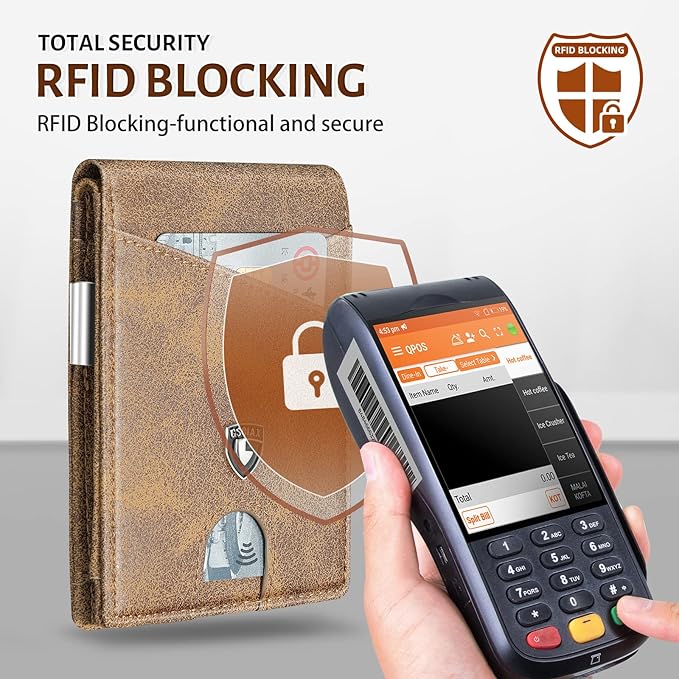 GSOIAX Slim Leather RFID Bifold Wallet for Men Minimalist Front Pocket Wallet with Money Clip,12 Card Slots,ID Window,Cool Groove Design,Includes Gift Box (Retro Brown)