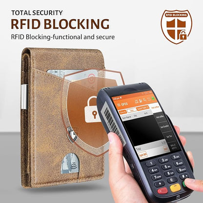 GSOIAX Slim Leather RFID Bifold Wallet for Men Minimalist Front Pocket Wallet with Money Clip,12 Card Slots,ID Window,Cool Groove Design,Includes Gift Box (Retro Brown)