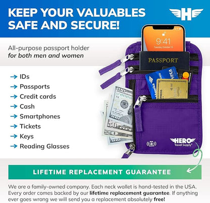 HERO Neck Wallet - RFID Blocking Passport Holder, Easy to Conceal Travel Pouch (Purple)