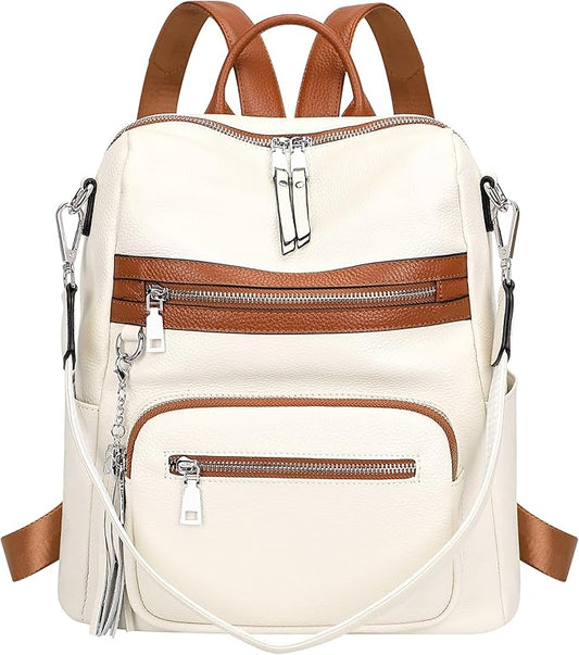 ALTOSY Genuine Leather Backpack Purse for Women Large Shoulder Bag With Laptop Compartment Multiple Pockets (S106 Beige/Brown)