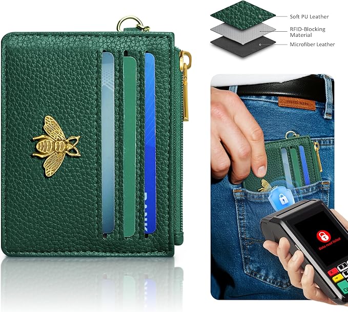 SEAVILIA Card Holder Keychain Wallet for Women with ID Window RFID Blocking Coin Purse Bee Gifts Slim Minimalist Small PU Leather