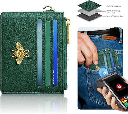SEAVILIA Card Holder Keychain Wallet for Women with ID Window RFID Blocking Coin Purse Bee Gifts Slim Minimalist Small PU Leather