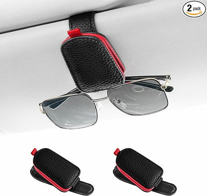 SINGARO Sunglasses Holder for Car, Leather Magnetic Buckle Sun Visor Sunglass Clip, Ticket Card Storage Glasses Clip, Car Interior Accessories for Men and Women（2PCS Black-red）