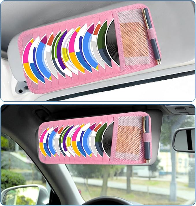 TIESOME CD Case Holder for Car, DVD Vehicle Visor Storage Organizer Large Capacity CD Visor Case Car Sun Visor Organizer with 12 DVD Storage Sleeves 1 Mesh Pocket 1 Pen Holder and Elastic Strap(Pink)