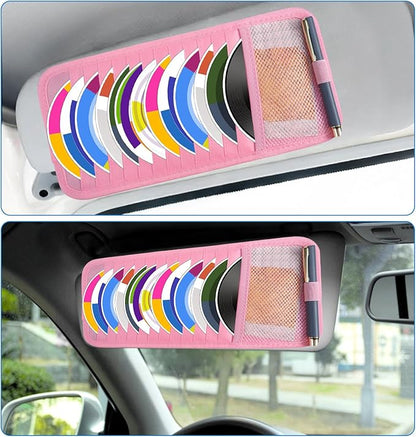 TIESOME CD Case Holder for Car, DVD Vehicle Visor Storage Organizer Large Capacity CD Visor Case Car Sun Visor Organizer with 12 DVD Storage Sleeves 1 Mesh Pocket 1 Pen Holder and Elastic Strap(Pink)