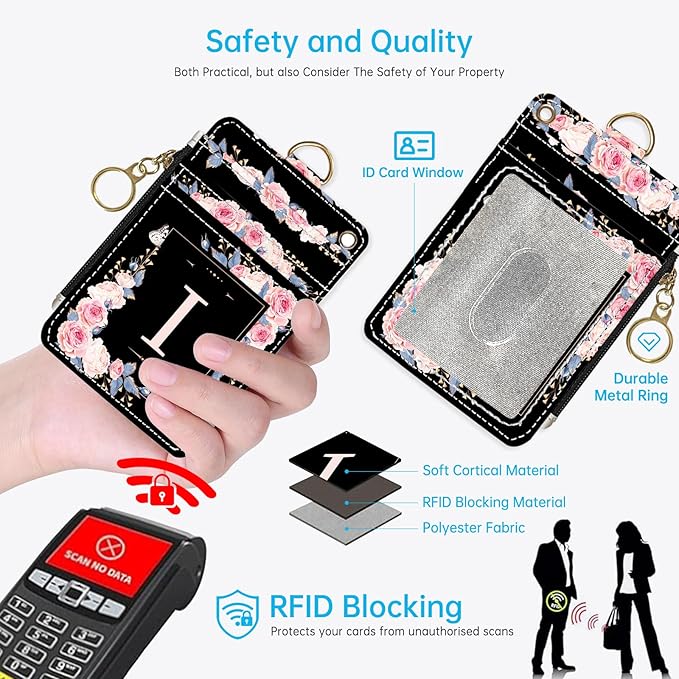 A-Z Letter 2-in-1 ID Badge Holder & Lanyard Wallet for Teachers,Nurse,Professionals-Cute Zippered Coin Pouch,Removable Wristlet & Neck Lanyard,5 Card Slots Stylish Work Essential I