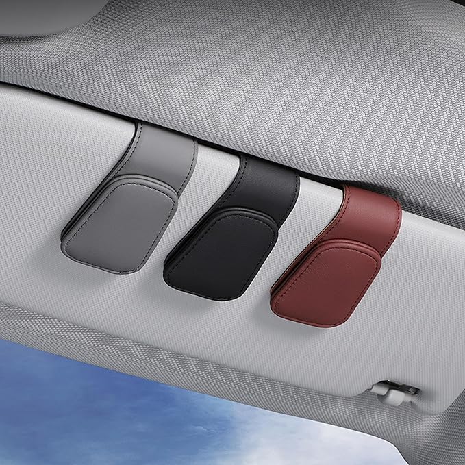 2PCS Sunglasses Holders for Car Sun Visor, Leather Eyeglasses Hanger Mounter, Magnetic Glasses Holder and Ticket Card Clip, Universal Auto Interior Accessories (Gray, 1PCS)