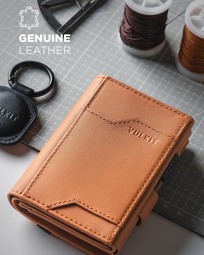 VULKIT Airtag Wallet with Keyring Mens Pop up Credit Card Wallet Compatiable with Air Tag Holder Trifold ID Window RFID Blocking