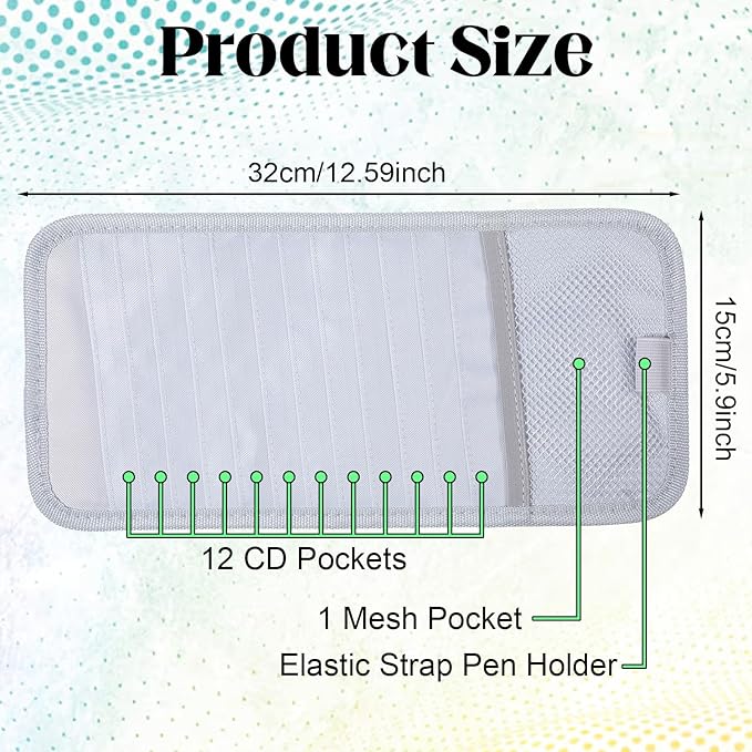 CD Case Holder for Car - DVD Vehicle Visor Storage Orangizer Sun Visor Organizer for CD Visor Case with 12 DVD Storage Sleeves 1 Mesh Pocket 1 Pen Holder(Grey)