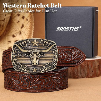 SANSTHS Western Cowboy Ratchet Belts for Men Women Leather Cowboy Belt with Automatic Western Buckle for Jeans Gifts